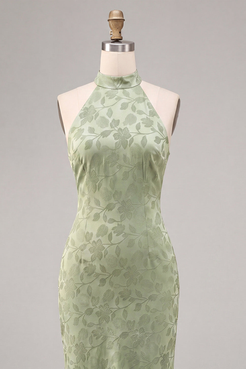 Floral Light Green High Neck Mermaid Long Wedding Guest Dress