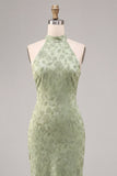 Floral Light Green High Neck Mermaid Long Wedding Guest Dress