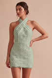 Floral White Halter Neck Tight Short Graduation Dress