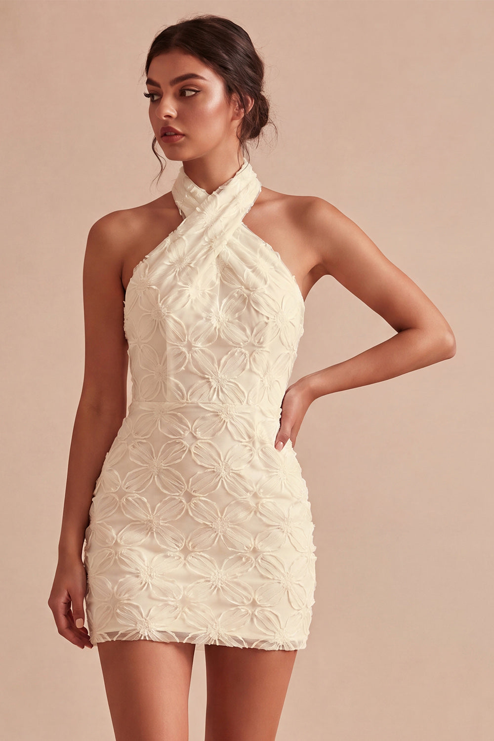 Floral White Halter Neck Tight Short Graduation Dress