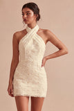 Floral White Halter Neck Tight Short Graduation Dress
