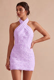 Floral White Halter Neck Tight Short Graduation Dress