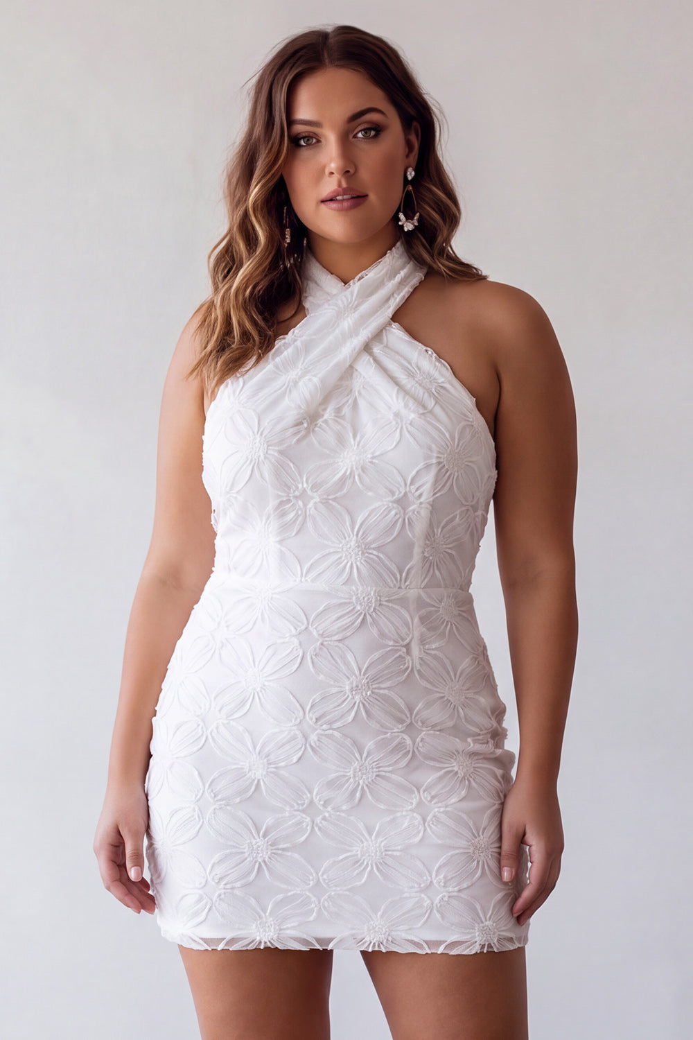 Floral White Halter Neck Tight Short Graduation Homecoming Dress