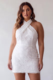 Floral White Halter Neck Tight Short Graduation Homecoming Dress