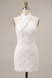 Floral White Halter Neck Tight Short Graduation Dress