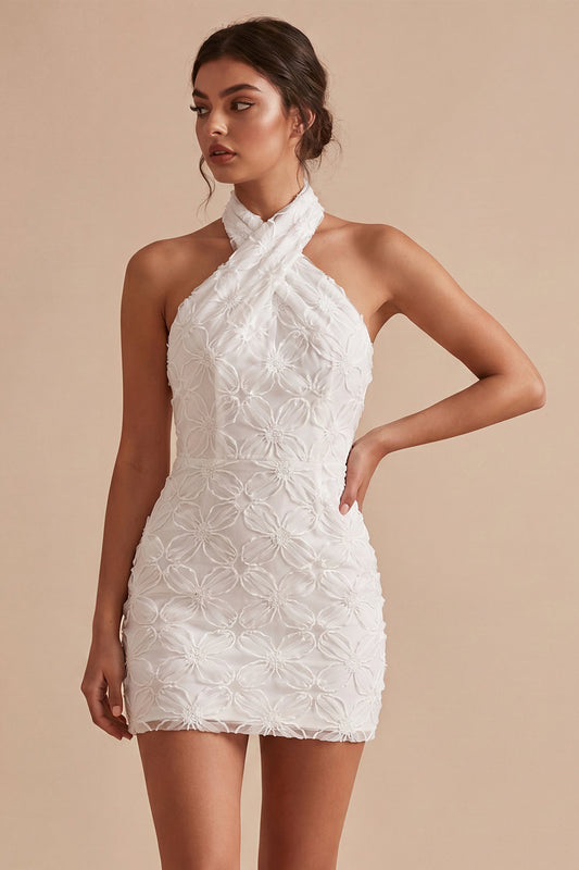 Floral White Halter Neck Tight Short Graduation Dress