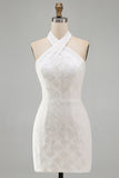 Floral White Halter Neck Tight Short Graduation Homecoming Dress