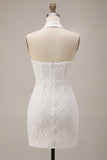 Floral White Halter Neck Tight Short Graduation Dress