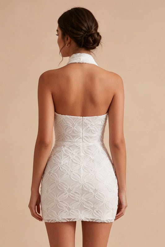 Floral White Halter Neck Tight Short Graduation Dress