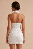 Floral White Halter Neck Tight Short Graduation Dress