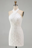Floral White Halter Neck Tight Short Graduation Homecoming Dress