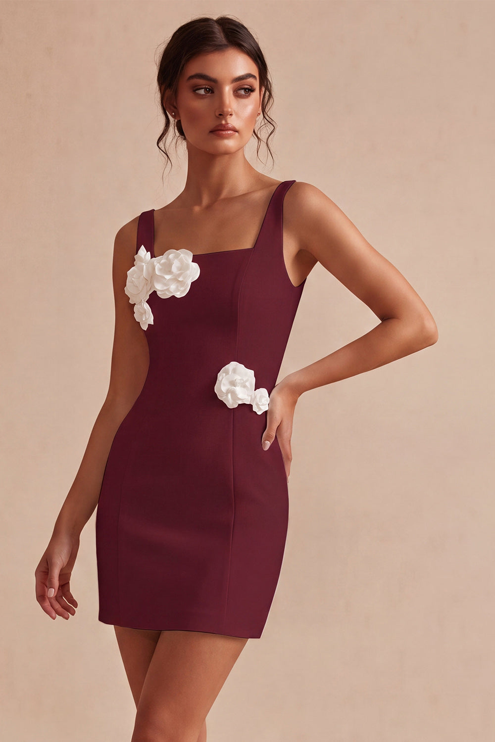 White Square Neck Satin Tight Short Graduation Dress with 3D Flowers