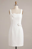 White Square Neck Satin Tight Short Graduation Dress with 3D Flowers