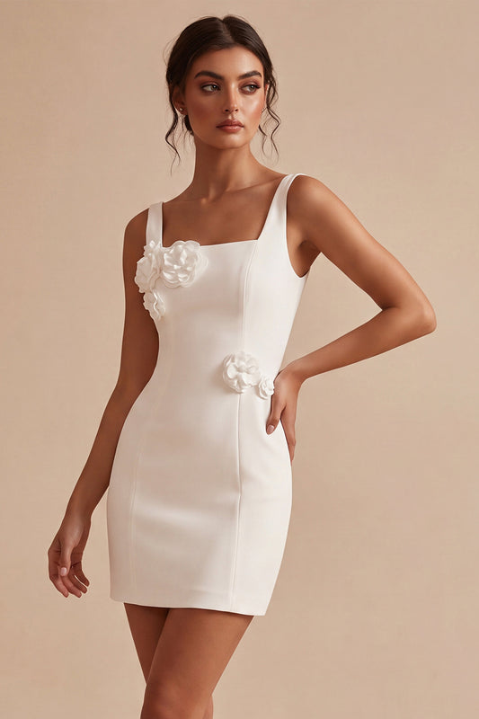 White Square Neck Satin Tight Short Graduation Dress with 3D Flowers