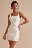 White Square Neck Satin Tight Short Graduation Dress with 3D Flowers