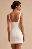 White Square Neck Satin Tight Short Graduation Dress with 3D Flowers