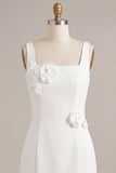 White Square Neck Satin Tight Short Graduation Dress with 3D Flowers