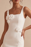 White Square Neck Satin Tight Short Graduation Dress with 3D Flowers