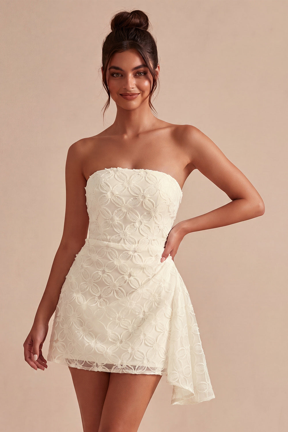 White Ruched Floral Tight Short Graduation Dress with Side Cape