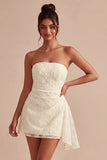 White Ruched Floral Tight Short Graduation Dress with Side Cape
