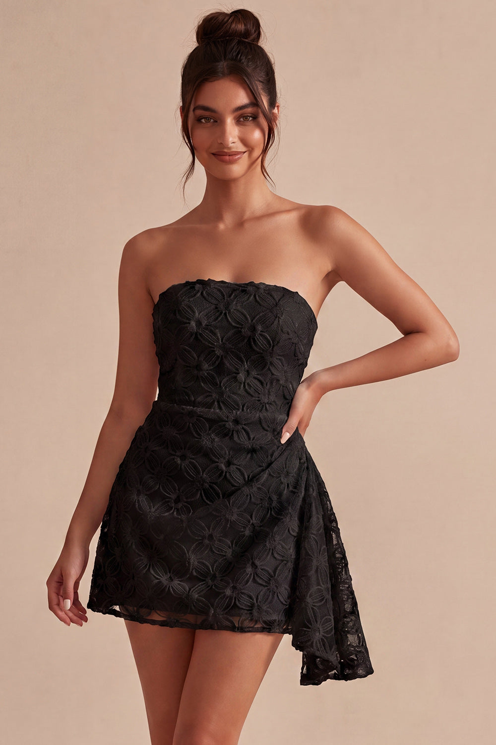 White Ruched Floral Tight Short Graduation Dress with Side Cape