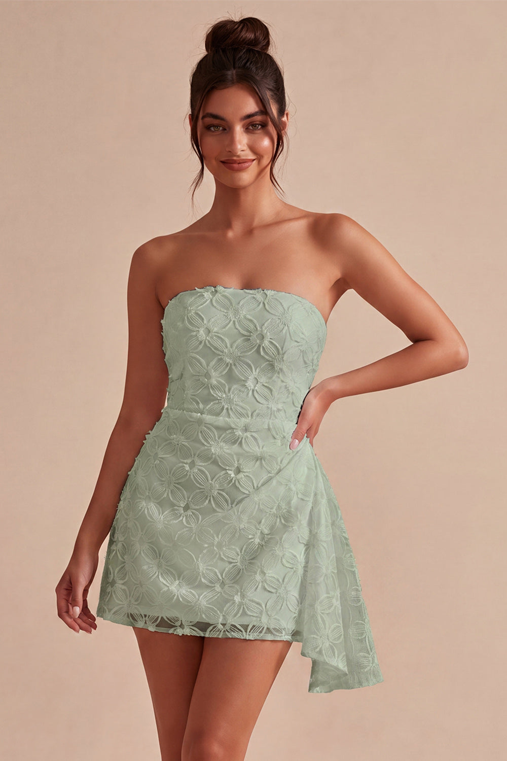White Ruched Floral Tight Short Graduation Dress with Side Cape
