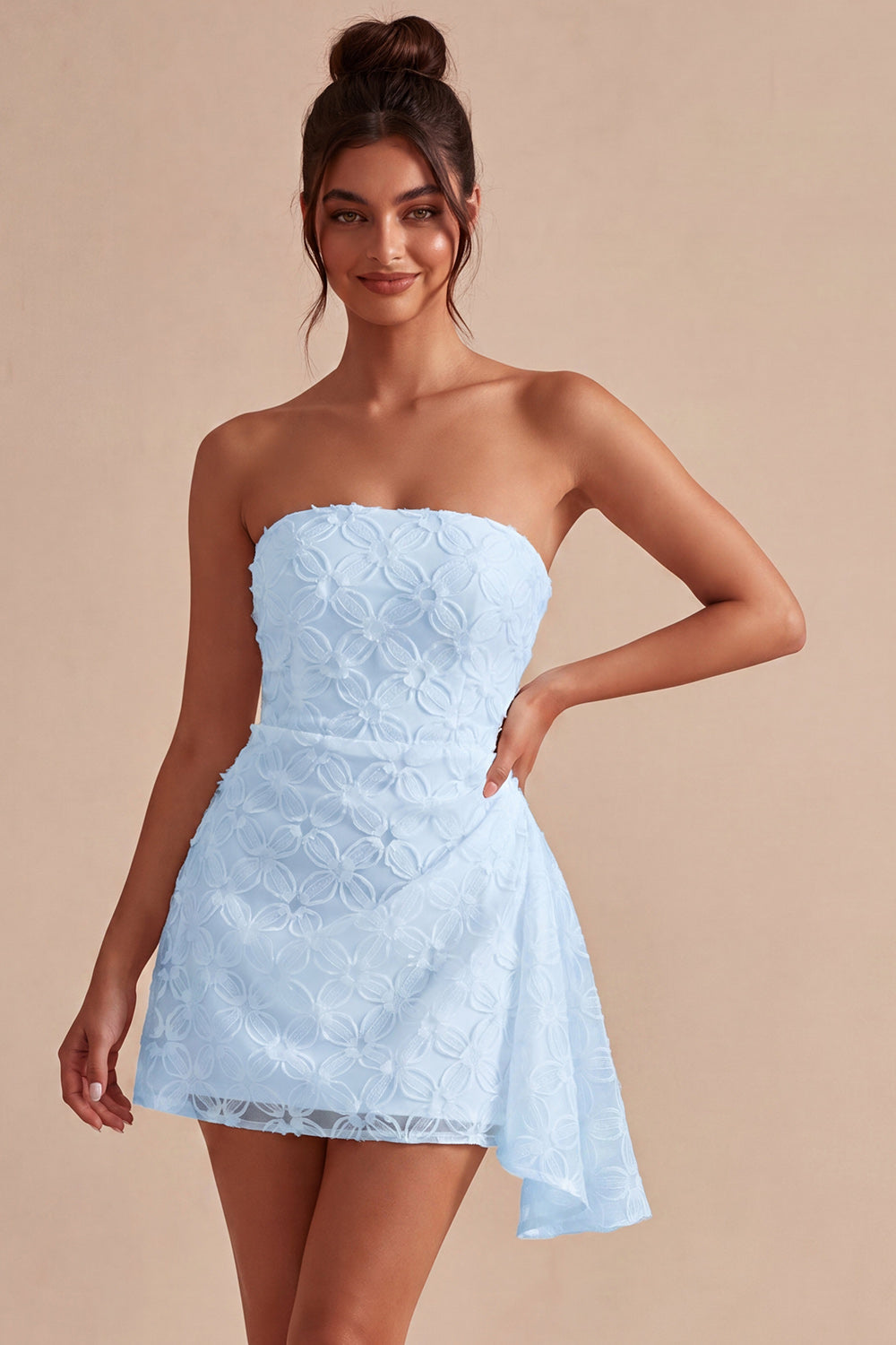 White Ruched Floral Tight Short Graduation Dress with Side Cape