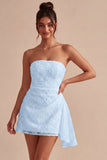White Ruched Floral Tight Short Graduation Dress with Side Cape