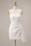 White Ruched Floral Tight Short Graduation Dress with Side Cape