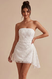 White Ruched Floral Tight Short Graduation Dress with Side Cape