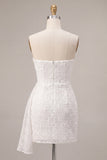 White Ruched Floral Tight Short Graduation Dress with Side Cape