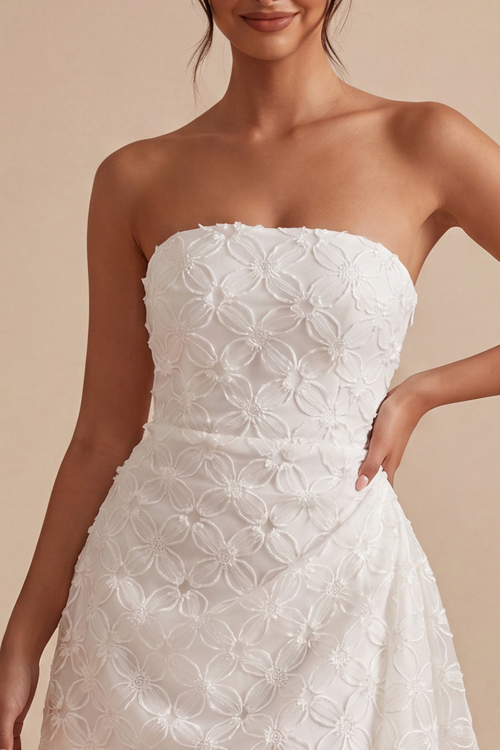 White Ruched Floral Tight Short Graduation Dress with Side Cape