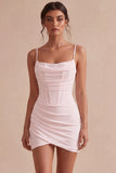 White Corset Ruched Spaghetti Straps Tight Short Graduation Dress