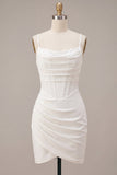 White Corset Ruched Spaghetti Straps Tight Short Graduation Dress