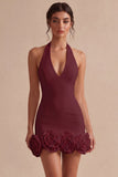 White Halter Neck Tight Short Graduation Dress with 3D Flowers