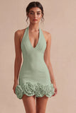 White Halter Neck Tight Short Graduation Dress with 3D Flowers
