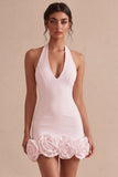 White Halter Neck Tight Short Graduation Dress with 3D Flowers