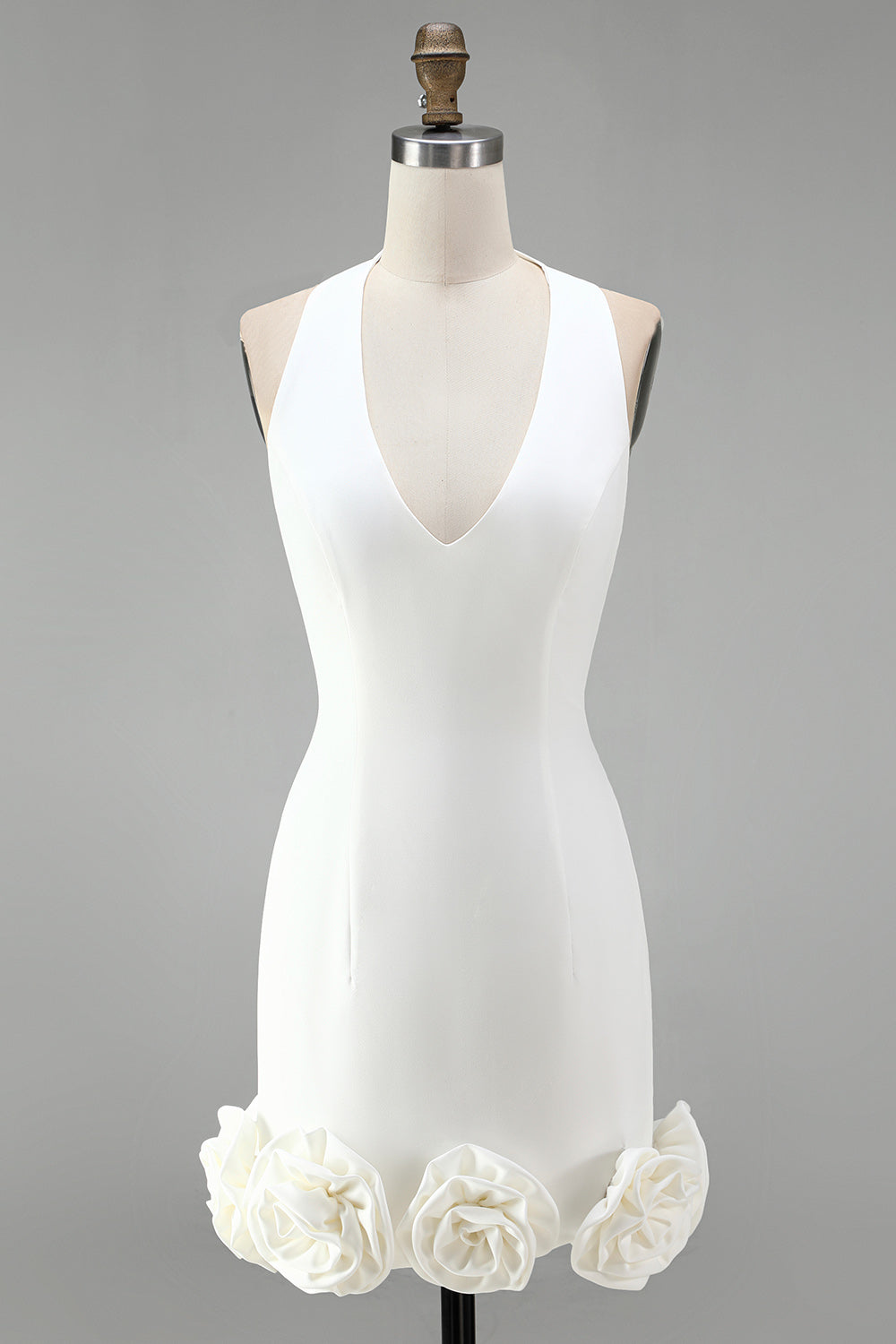 White Halter Neck Tight Short Graduation Dress with 3D Flowers