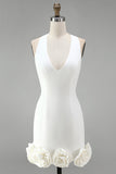 White Halter Neck Tight Short Graduation Dress with 3D Flowers