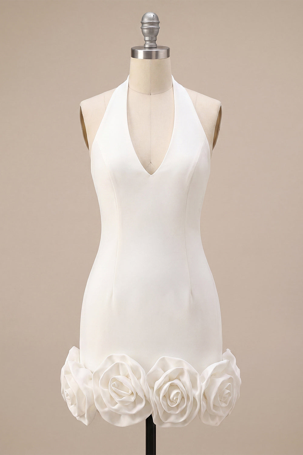 White Halter Neck Tight Short Graduation Dress with 3D Flowers