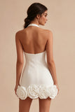White Halter Neck Tight Short Graduation Dress with 3D Flowers