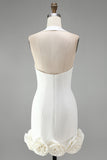 White Halter Neck Tight Short Graduation Dress with 3D Flowers