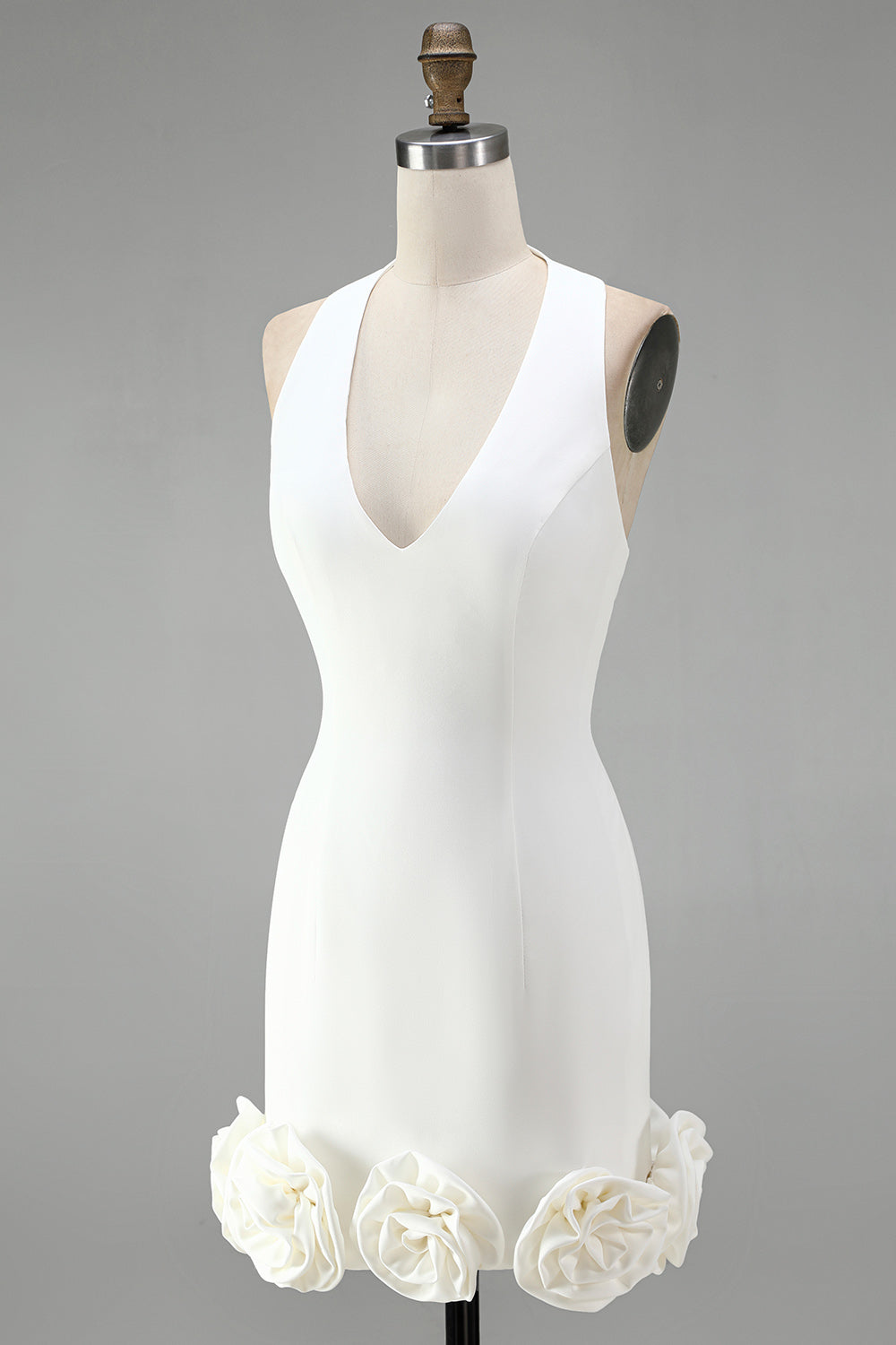 White Halter Neck Tight Short Graduation Dress with 3D Flowers