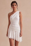 White Lace Ruched One Shoulder A-Line Short Graduation Dress