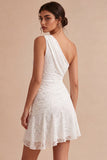 White Lace Ruched One Shoulder A-Line Short Graduation Dress