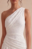 White Lace Ruched One Shoulder A-Line Short Graduation Dress