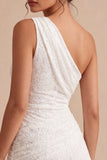 White Lace Ruched One Shoulder A-Line Short Graduation Dress