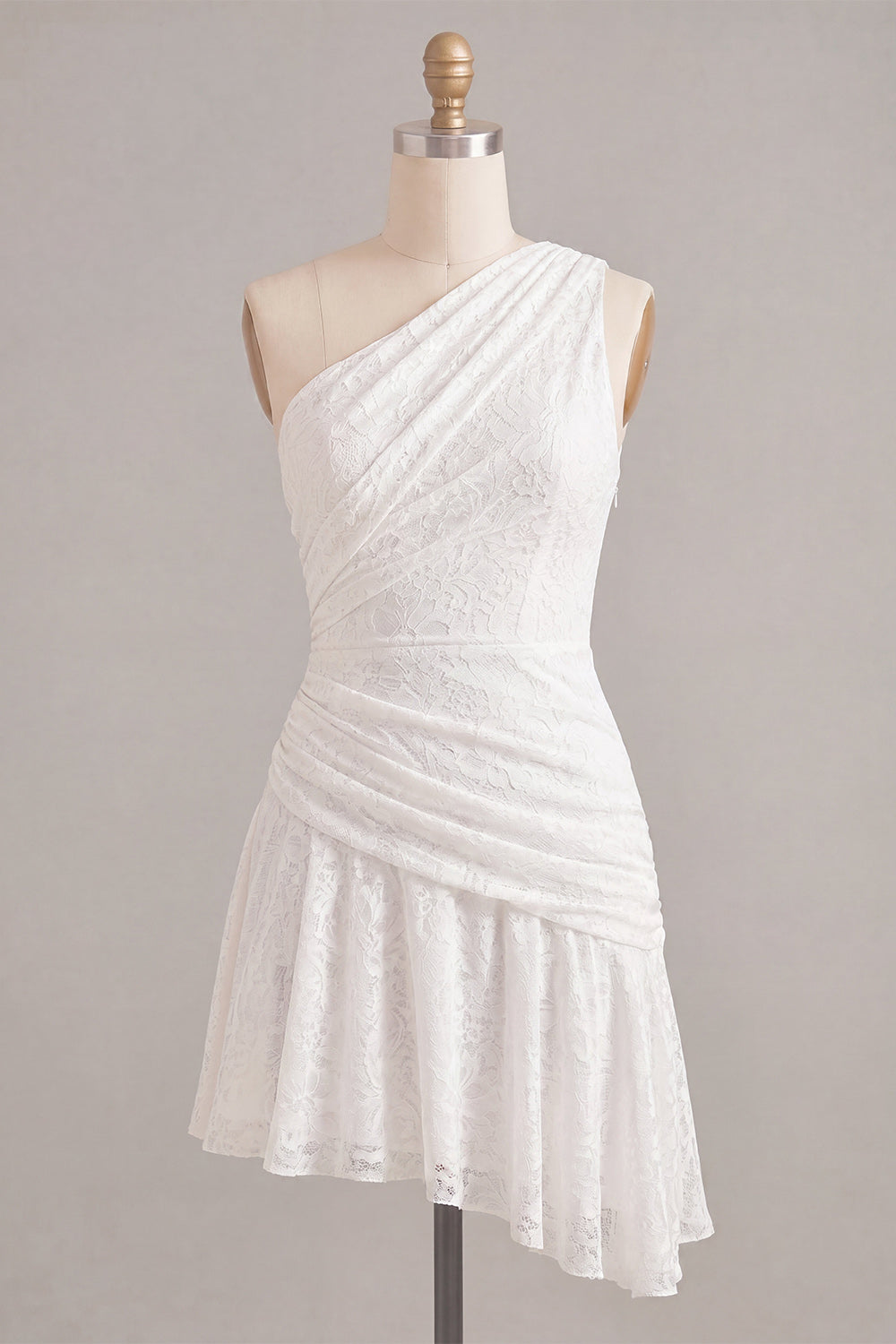 White Lace Ruched One Shoulder A-Line Short Graduation Dress