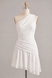 White Lace Ruched One Shoulder A-Line Short Graduation Dress