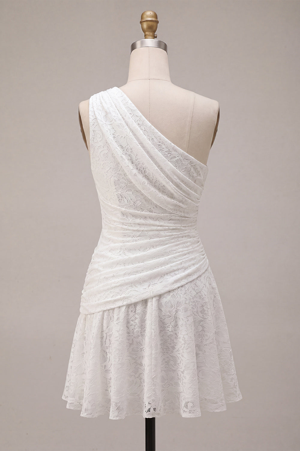 White Lace Ruched One Shoulder A-Line Short Graduation Dress